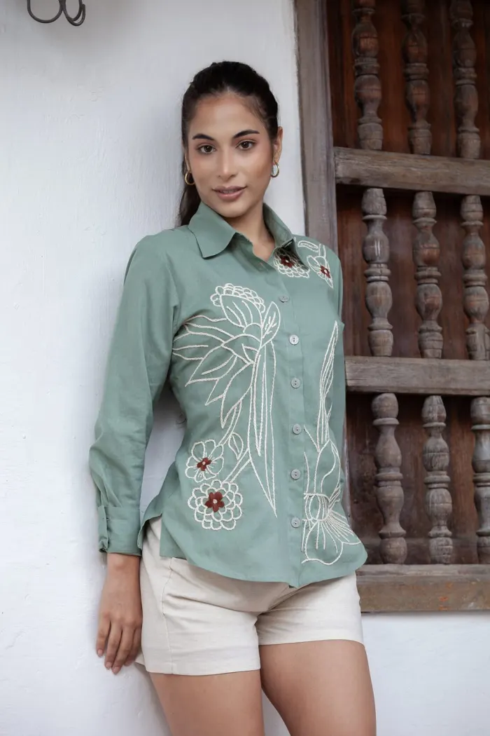 Blusa de Lino Verde Oliva Bordado Artesanal Absolut