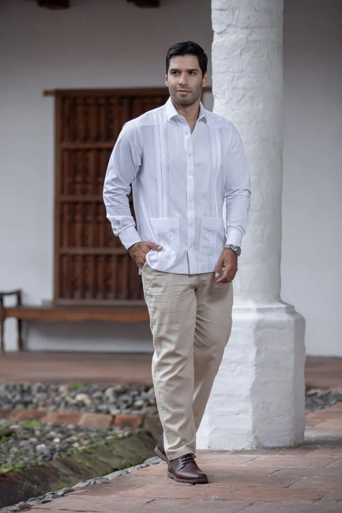 Camisa Guayabera Blanca Moderna de Lino y Algodón